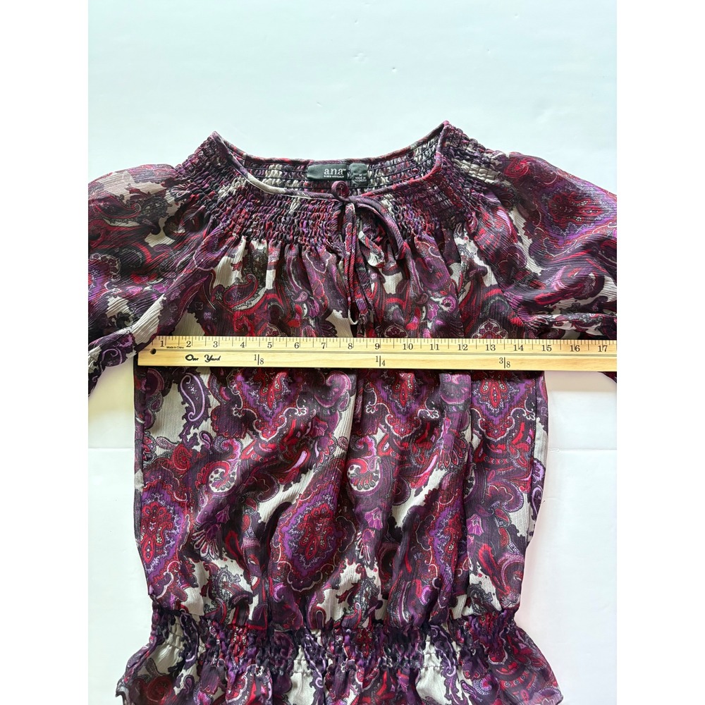 ANA A New Approach Purple Paisley Smocked Chiffon Blouse Top Medium Boho Paisley - Picture 6 of 8